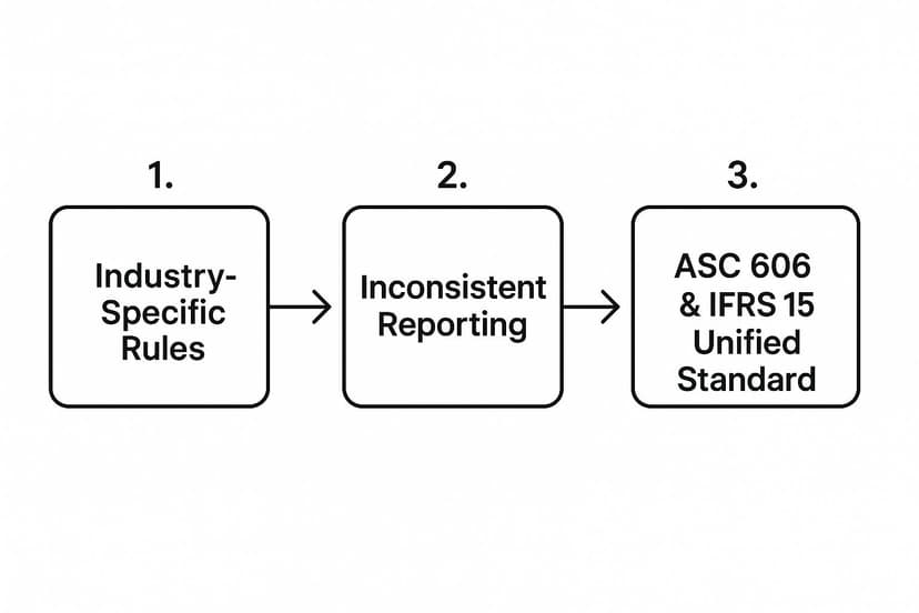 Infographic showing the evolution from Industry-Specific Rules to Inconsistent Reporting, and finally to the unified ASC 606 & IFRS 15 Standard.