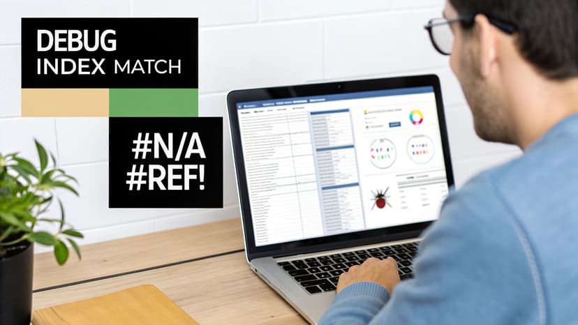 Developer debugging INDEX MATCH formula errors with N/A and REF hashtag errors displayed on screen