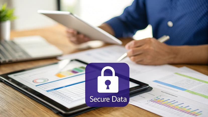 A person works at a desk with a tablet and documents, featuring a 'Secure Data' icon.