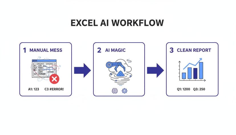 Workflow showing AI converting manual, error-prone Excel data into clean, insightful reports with charts.