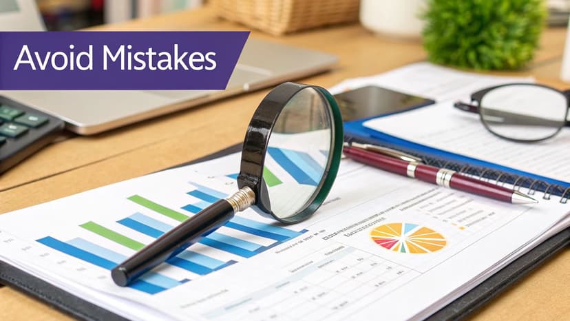A magnifying glass on financial charts and documents, with a pen and glasses on a wooden desk.