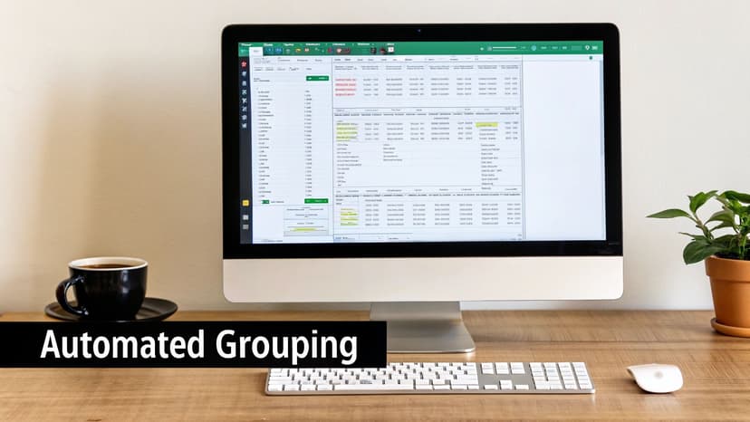 Excel spreadsheet displaying automated grouping feature with data tables and navigation menu on desktop computer