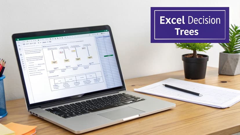 A laptop displaying an Excel decision tree is on a wooden desk with a pen, paper, and plants.