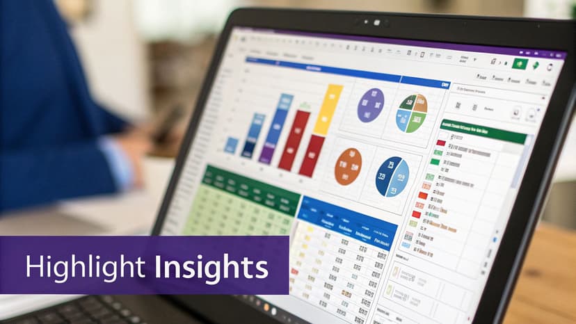 A laptop screen displays colorful business intelligence dashboards with various charts and data tables.
