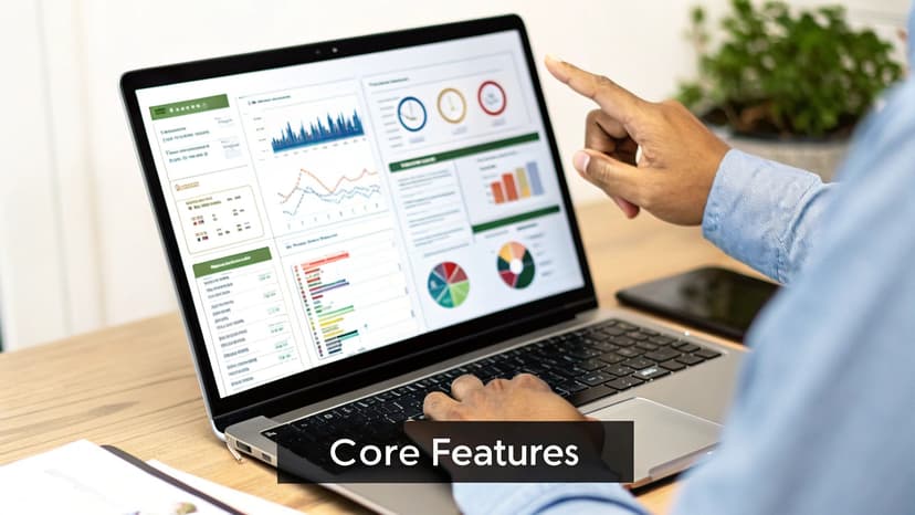 A person pointing at a laptop screen displaying various financial data dashboards and charts.