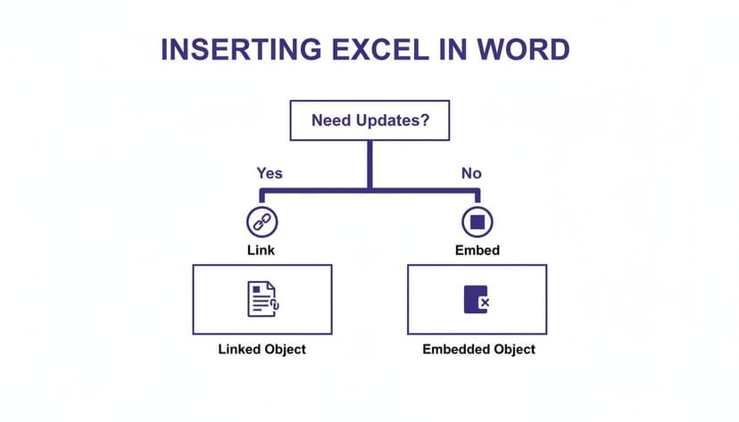Flowchart explaining how to insert Excel in Word, choosing between linking for updates or embedding.