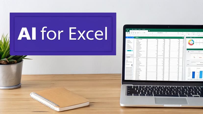 A laptop displaying an Excel spreadsheet and charts on a wooden desk, with a prominent 'AI for Excel' sign.
