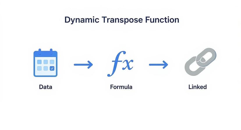Diagram illustrating the Dynamic Transpose Function: Data (calendar icon) transforms via Formula (fx icon) into Linked output (chain icon).