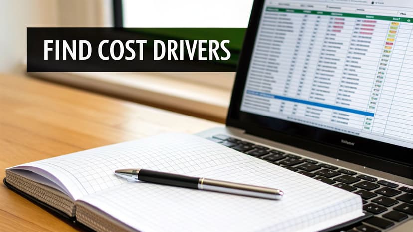 A person using a laptop with Excel spreadsheets and charts, surrounded by icons representing different business expenses like logistics, software, and supplies.