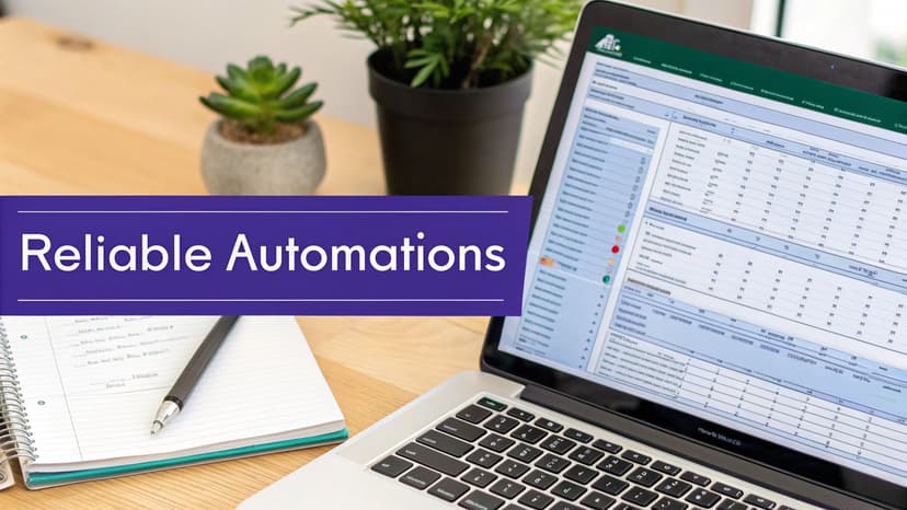 A workspace featuring a laptop displaying a spreadsheet, a notebook, and potted plants. A purple banner says 'Reliable Automations'.