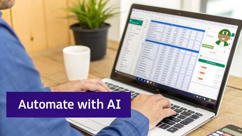 A person types on a laptop showing a spreadsheet and an AI assistant, with 'Automate with AI' text.