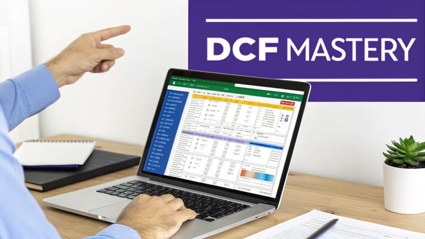 A person works on a DCF financial model in Excel on a laptop, with a 'DCF Mastery' banner visible.