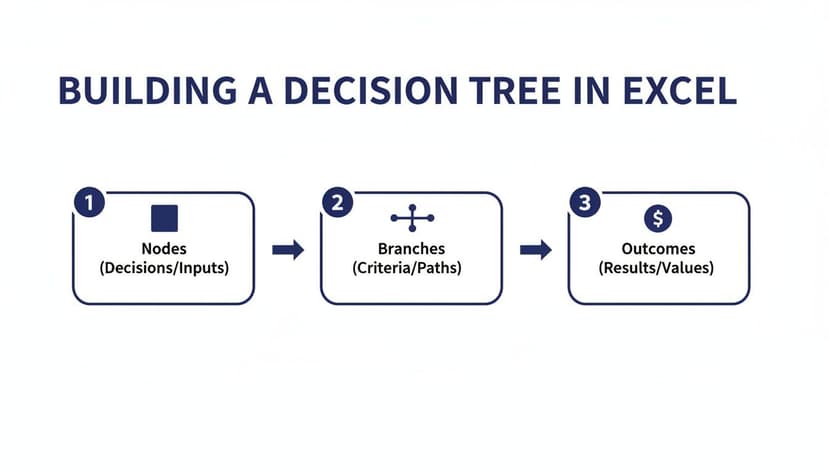 A diagram illustrating the three steps to building a decision tree in Excel: nodes, branches, and outcomes.