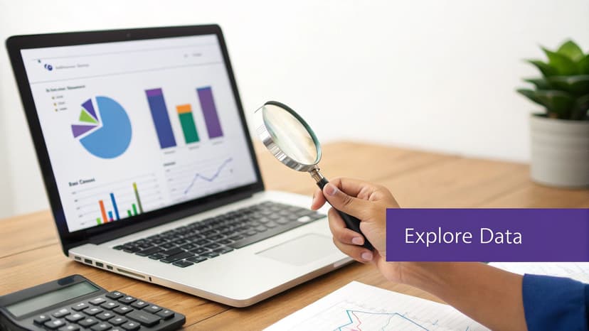 A person exploring data on a laptop with charts and graphs using a magnifying glass.