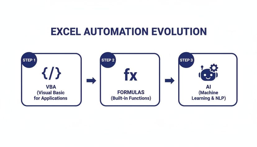 Visual diagram showing the evolution of Excel automation: VBA, Formulas, and AI (Machine Learning & NLP).