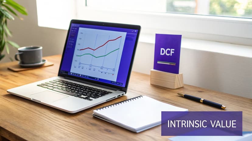 A workspace with a laptop displaying a financial graph, a DCF booklet, coffee, and a notebook.
