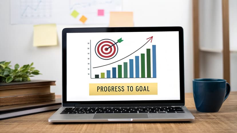 A laptop screen displays a 'progress to goal' chart with rising bars and a target hit, on a desk with books and a mug.