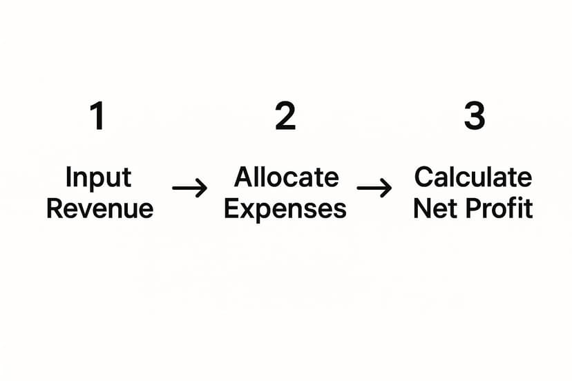 Infographic showing the process of building an income statement with three steps: Input Revenue, Allocate Expenses, and Calculate Net Profit.