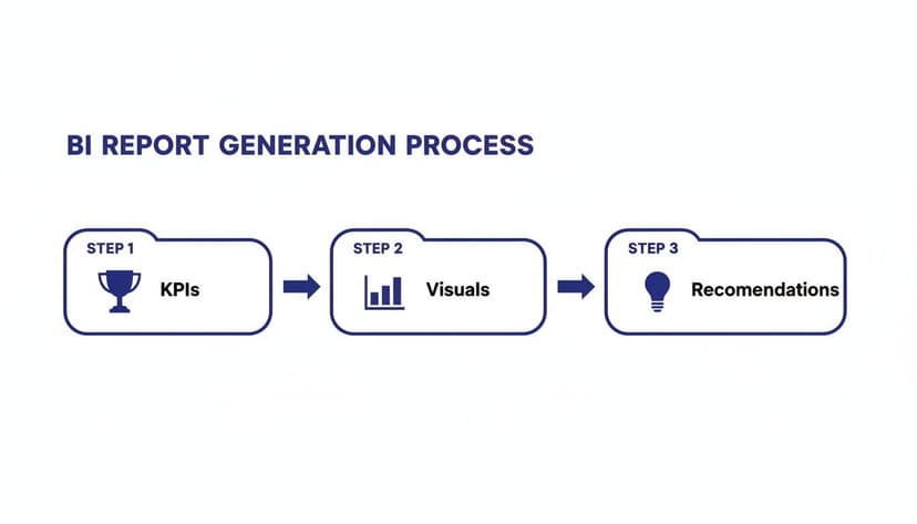 Diagram illustrating the BI report generation process, showing steps for KPIs, visuals, and recommendations.