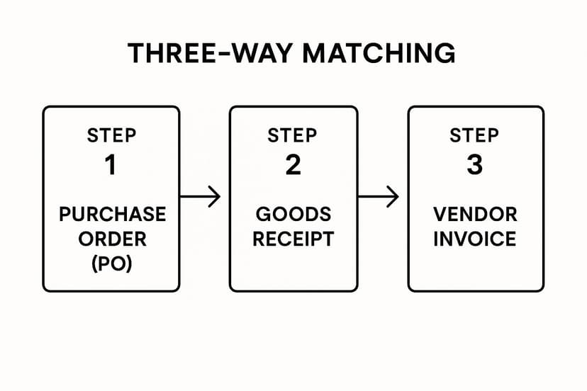 Infographic showing a three-step process flow for Three-Way Matching: Step 1 'Purchase Order', Step 2 'Goods Receipt', and Step 3 'Vendor Invoice', connected by arrows.