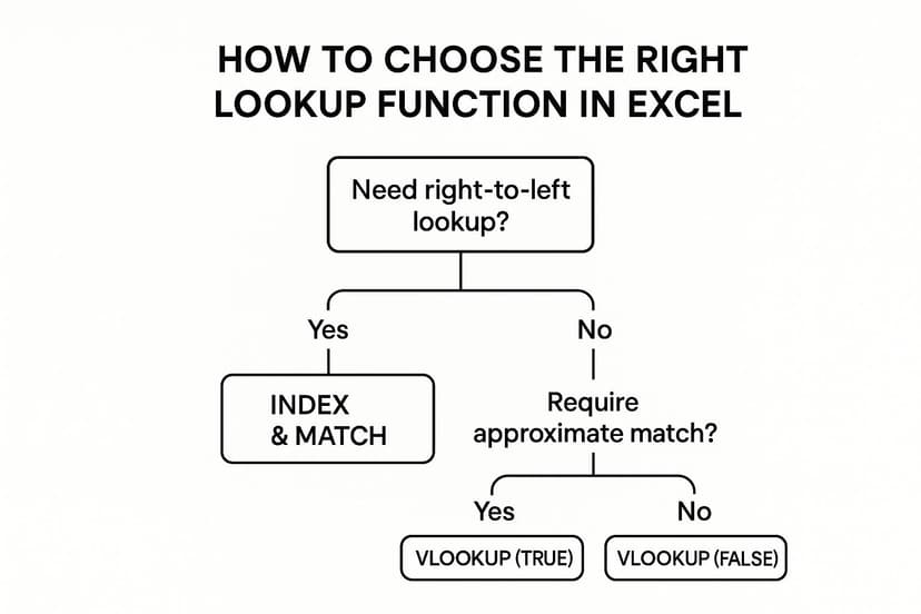 Infographic showing a decision tree for choosing the right Excel lookup function, starting with 'Need right-to-left lookup?'.