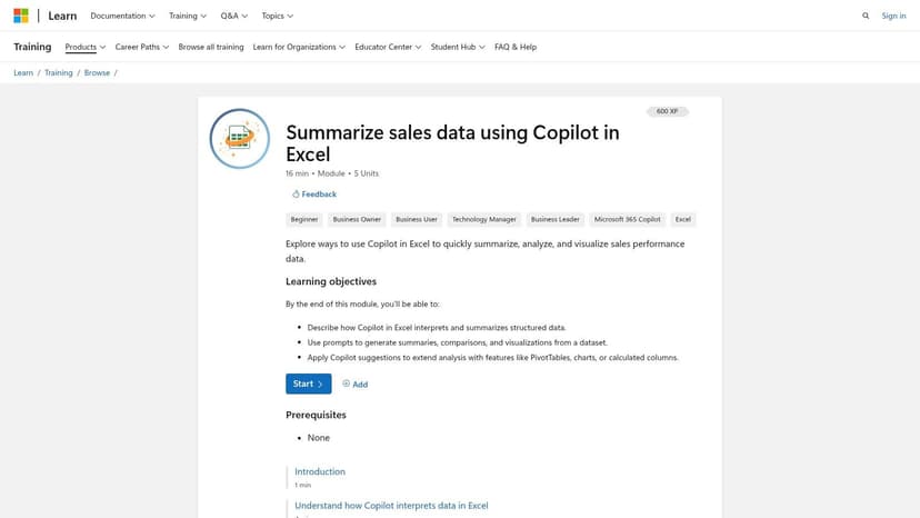 Microsoft Learn — Free Copilot in Excel modules