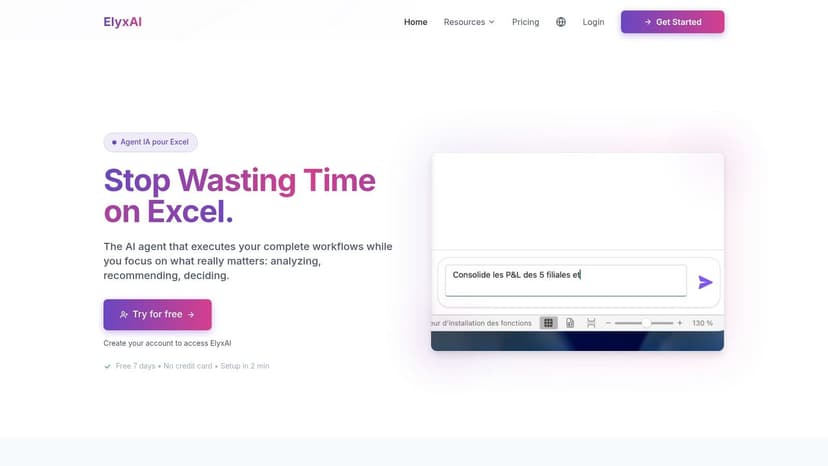 An animated GIF showing the Elyx AI agent in Excel receiving a natural language command, and then autonomously performing data cleaning, creating a PivotTable, generating a chart, and applying professional formatting to a sales report.