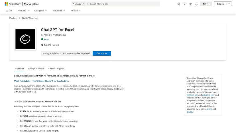 ChatGPT for Excel (Apps Do Wonders) — Microsoft AppSource listing