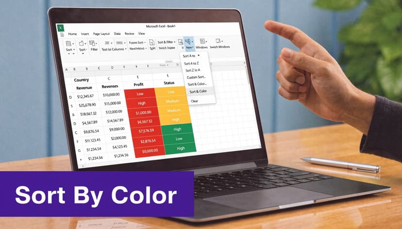 A hand pointing at a laptop screen showing a Microsoft Excel spreadsheet with sorting options displayed.