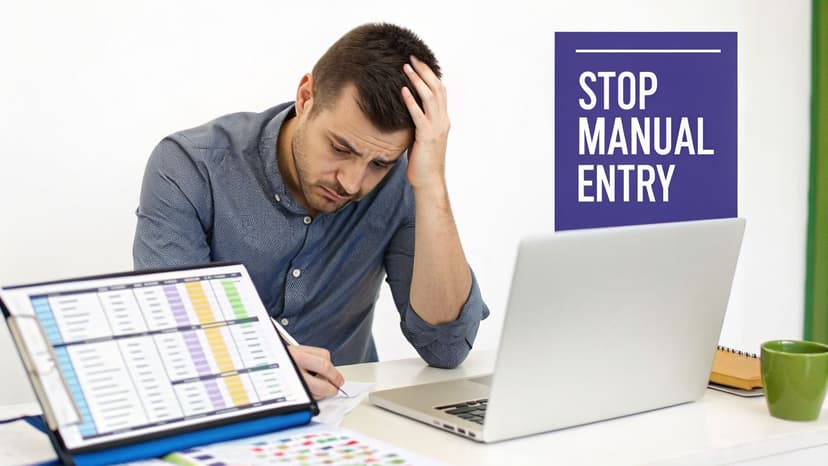 A stressed man works at a desk with a laptop and papers, a sign says 'STOP MANUAL ENTRY'.
