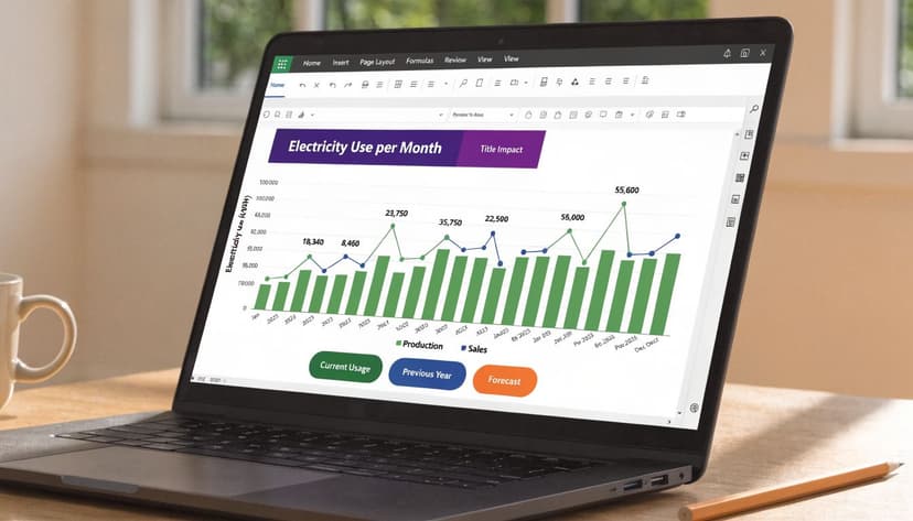 A laptop screen displaying an Excel dashboard with a bar and line chart titled Electricity Use per Month.