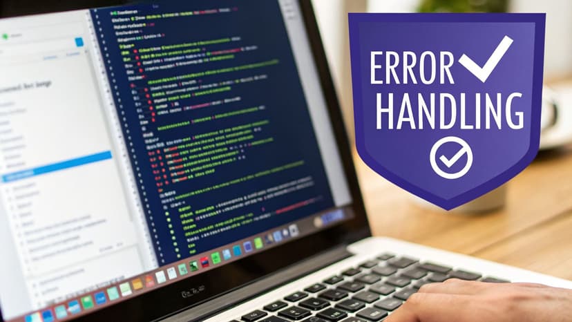 A person typing on a laptop displaying code and a file explorer, with an 'ERROR HANDLING' shield graphic.