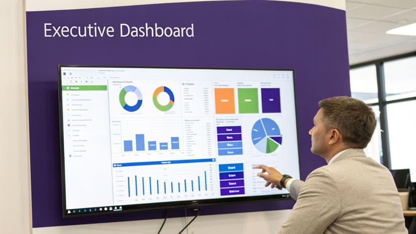 A man in a suit points at a large screen displaying an executive dashboard with various charts and data.