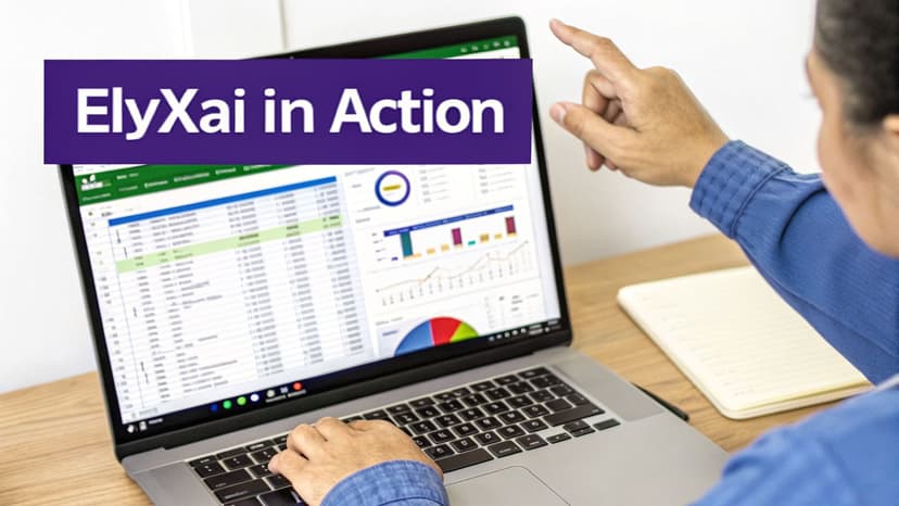 A person works on a laptop displaying data analysis with various charts and an 'ElyXai in Action' banner.