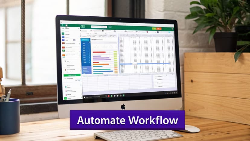 A desktop computer displaying workflow automation software with data tables on a wooden desk.