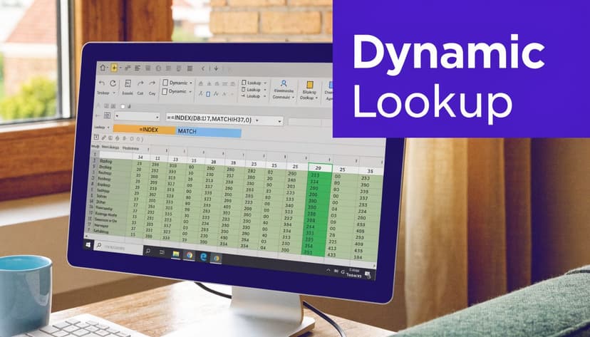 Computer screen displaying an Excel spreadsheet with a dynamic lookup formula highlighted for data analysis.