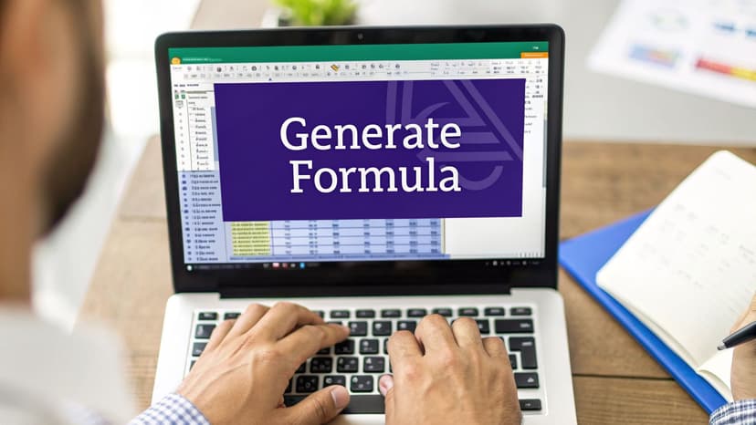 A person typing on a laptop screen displaying 'Generate Formula' in a spreadsheet program.