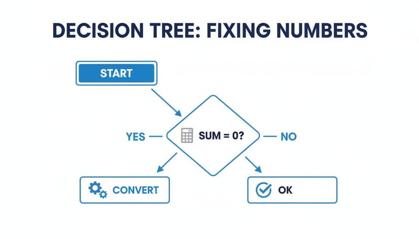A decision tree flowchart outlining steps to fix numbers: Start, check if sum is 0, then convert or confirm.
