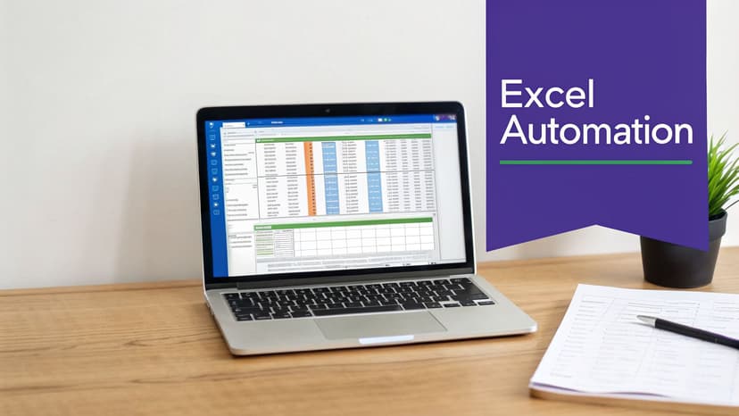 A laptop on a wooden desk shows an Excel spreadsheet, with an 'Excel Automation' banner.