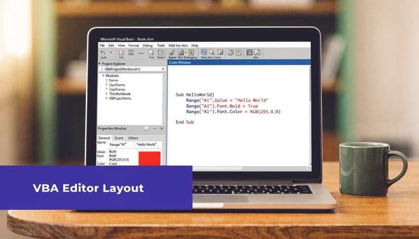 A laptop screen displaying the Microsoft Visual Basic editor with VBA code for Excel on a desk.