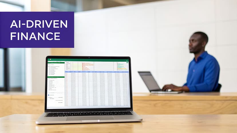 A laptop displaying an AI-driven financial spreadsheet, with a man working on another laptop in the background.