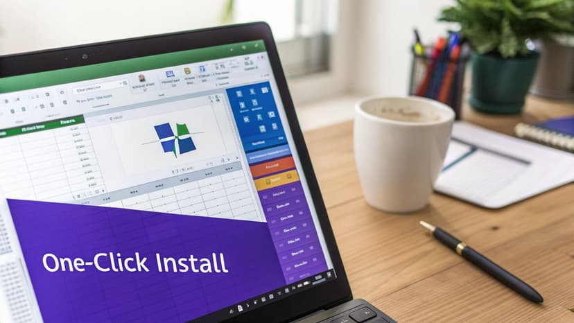 A laptop screen showing an Excel-like application with a Windows logo and 'One-Click Install' text, on a wooden desk.
