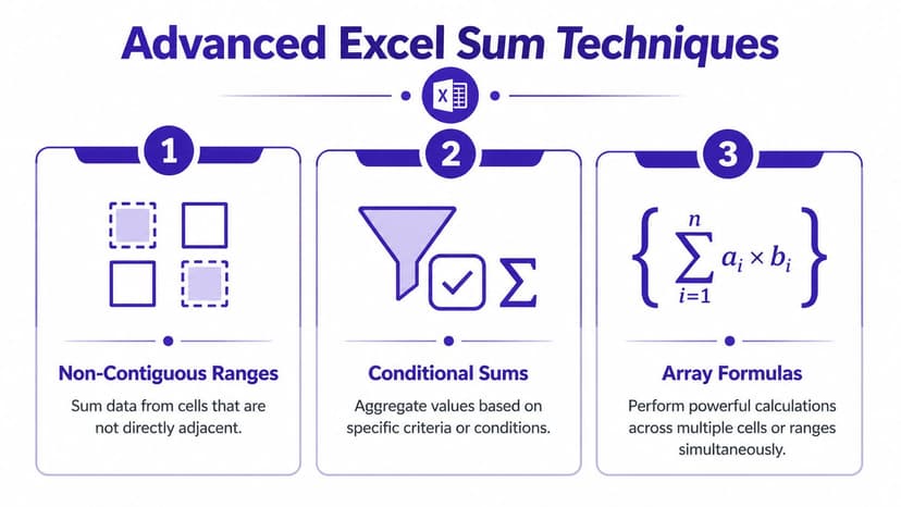An infographic titled Advanced Excel Sum Techniques illustrating three methods: non-contiguous ranges, conditional sums, and array formulas.
