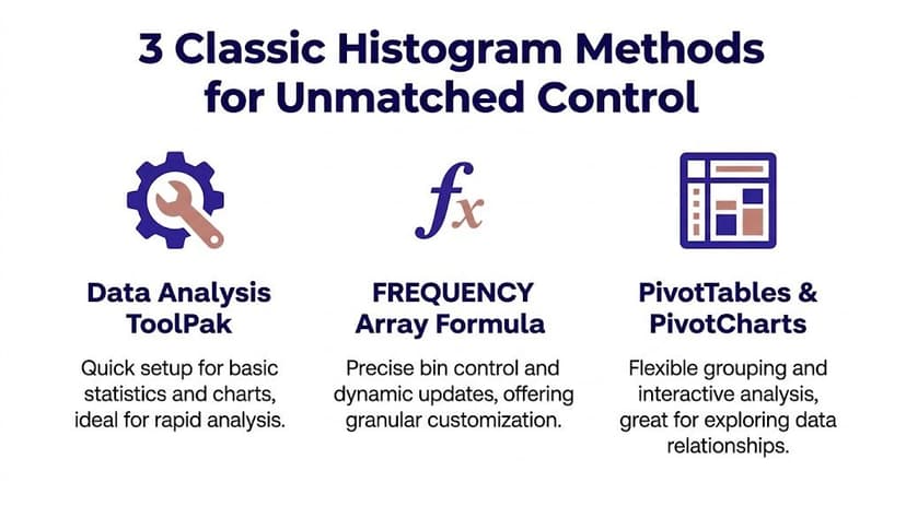A diagram illustrating three different Excel methods for creating histograms with unmatched control over data bins.