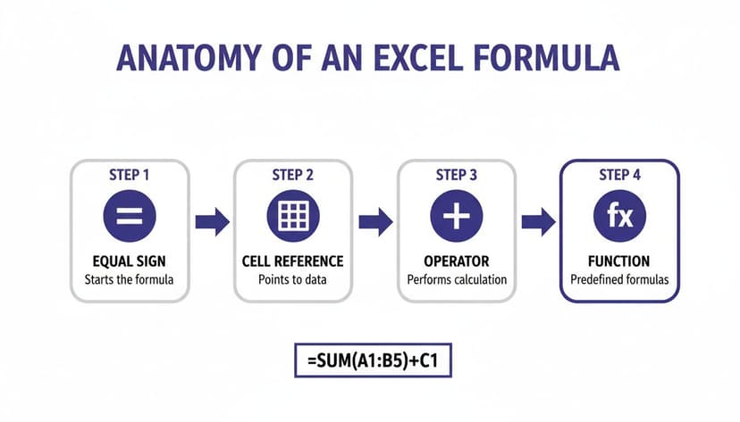 Diagram illustrating the four essential components of an Excel formula: equal sign, cell reference, operator, and function.