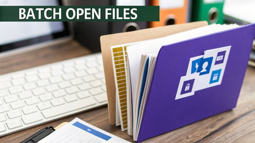 Desktop scene featuring a keyboard, laptop, and binders with 'BATCH OPEN FILES' banner.