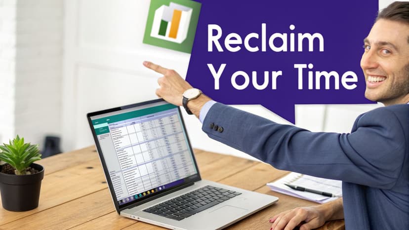 Smiling man pointing to 'Reclaim Your Time' text, demonstrating productivity with a laptop and spreadsheet.