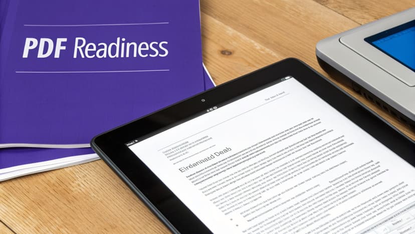 A purple binder titled 'PDF Readiness' next to a tablet showing a document on a wooden desk.