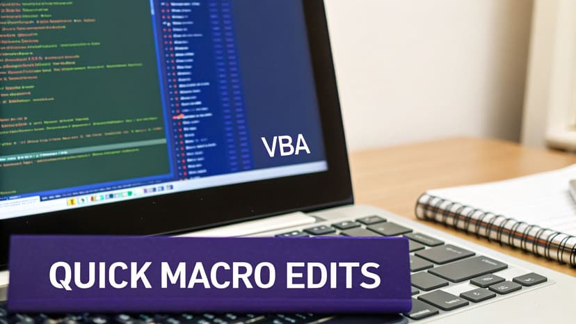 A laptop screen displaying VBA code with a purple banner overlay reading "Quick Macro Edits".