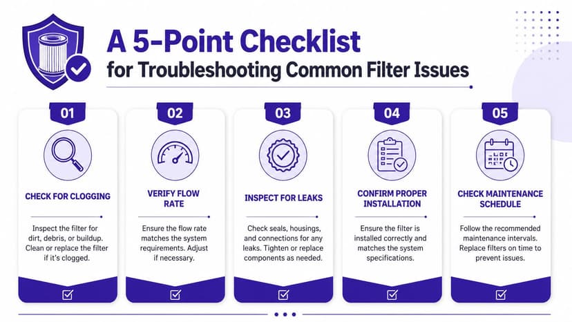 An infographic titled a 5-point checklist for troubleshooting common filter issues with icons for each step.